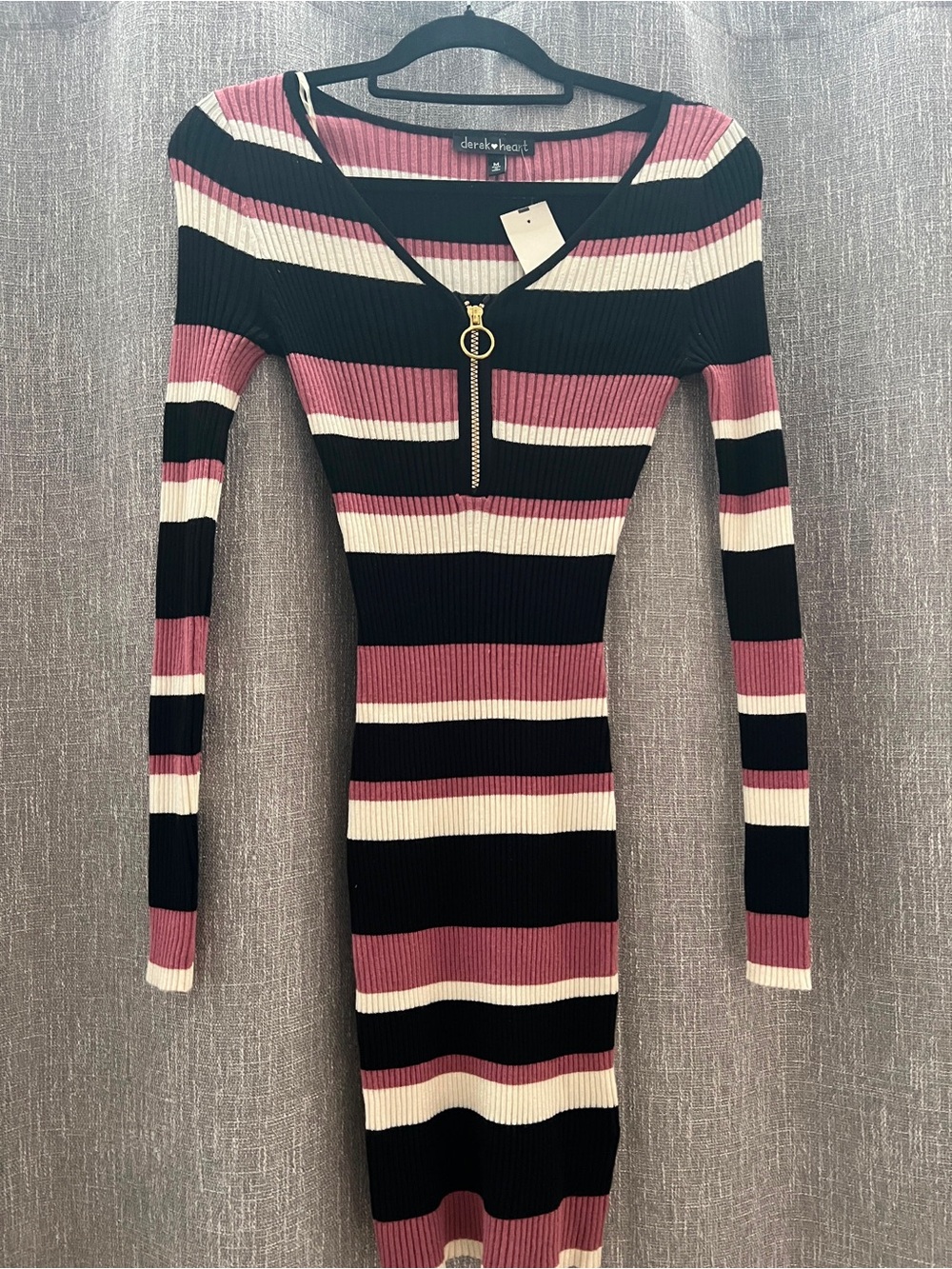 Derek Rose Ribbed Stripe Zip-Up Dress - Black, Rose & Cream - Picture 1 of 3
